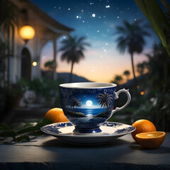Cinematic teacup with a summer landscape inside, featuring a cozy patio among glowing palm trees