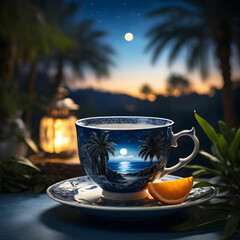 Cinematic teacup with a summer landscape inside, featuring a cozy patio among glowing palm trees