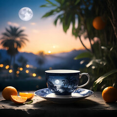 Cinematic teacup with a summer landscape inside, featuring a cozy patio among glowing palm trees