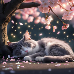 A little cat peacefully sleeping under a blooming, animated cherry tree in a serene setting.