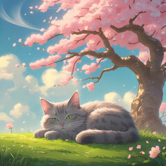A little cat peacefully sleeping under a blooming, animated cherry tree in a serene setting.