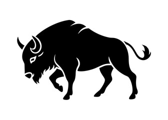 Silhouette of a Buffalo with "Buffalo" Text Overlay , A bold, black silhouette of a buffalo, with the word "Buffalo" stylized and overlaid on the image.