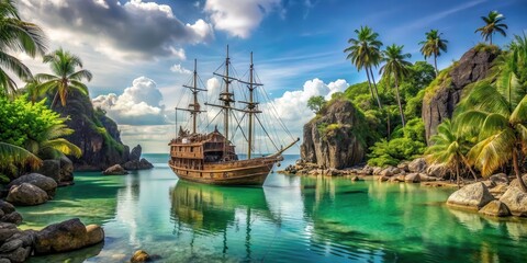 Pirate ship anchored in a lagoon surrounded by rocks on treasure island, pirate, tropical,  pirate, tropical, lush greenery