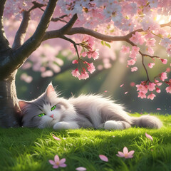 A little cat peacefully sleeping under a blooming, animated cherry tree in a serene setting.