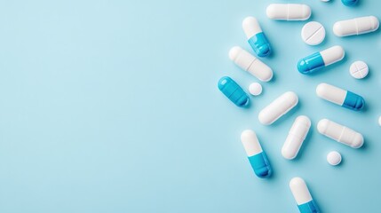 An arrangement of blue and white capsules and tablets on a light blue background, symbolizing medication and health.