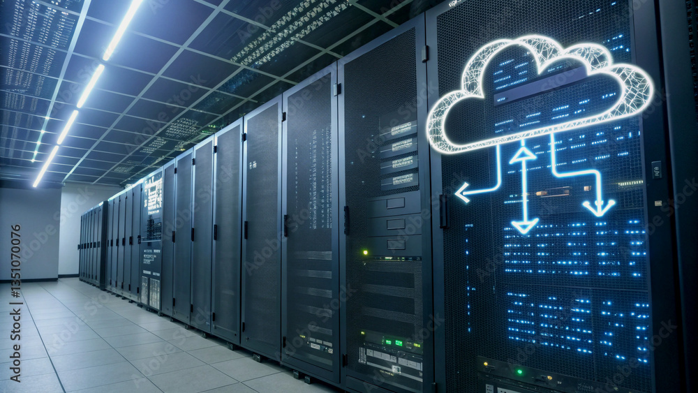 Poster diverse it professional working in a server room with cloud technology.