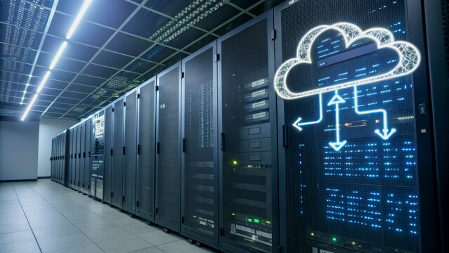 Diverse IT professional working in a server room with cloud technology.