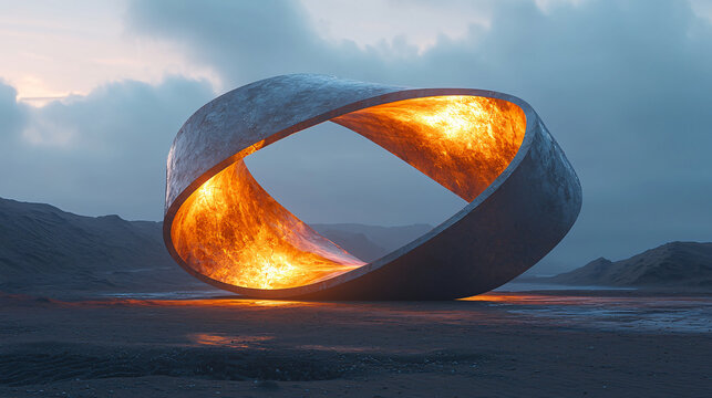 Surreal glowing timepiece Möbius strip shape abstract loop infinity symbol twisted ring landscape dusk metallic structure light concept sculpture futuristic timeline surrealism fantasy horizon paradox