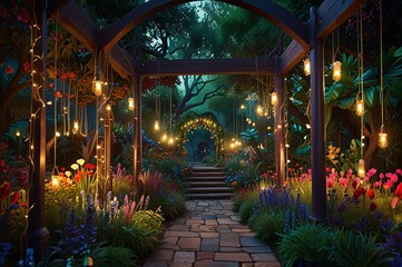 Obraz premium Cinematic Magic Garden with Glowing Lights and Vibrant Flowers V7
