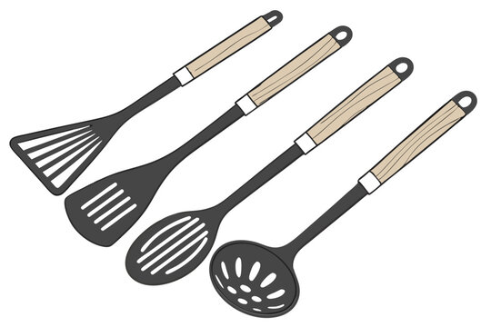 97 Kitchen utensils, wooden handles, black nylon tools, minimalist design, cooking implements, spatula, ladle, slotted spoon, pasta server, clean layout, symmetrical arrangement, white background, cul