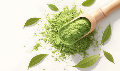 Illustration of matcha tea leaves, harvesting, processing, traditional tools, tea ceremonies, matcha beverages, desserts, and green tea plantations on a white background.