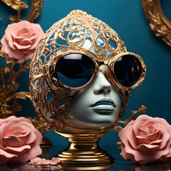 Hyperrealistic designer rose-colored glasses in a high-end fashion ad with intricate, luxurious details
