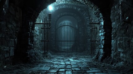 Dark, damp, stone tunnel with a gate, illuminated by a single lamp. Great for horror, mystery, dungeons, or old castle design projects.