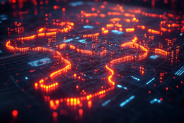 Obraz premium Digital Map of Glowing Nodes, Shapes, and Paths Representing Strategic Coordination and Teamwork in an Abstract Web of Energy and Connections