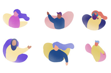 Colorful abstract characters depicting diverse people in dynamic poses.