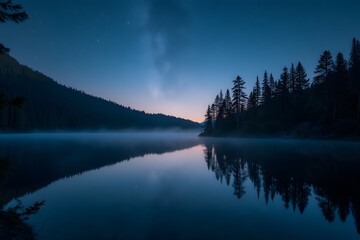 Obraz premium Misty Lake Reflection with Silhouetted Trees and Hills