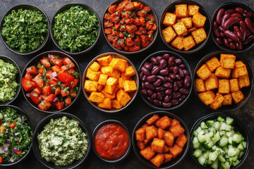 variety of plant based protein meal ideas featuring tofu, beans, fresh vegetables, and vibrant sauces