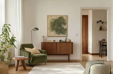  A minimalist living room with blue wall paint, a light grey sofa