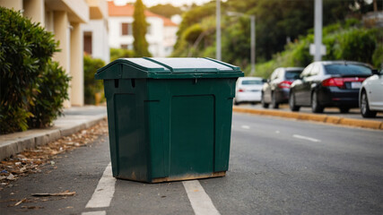 Large Trash Bin Placed Near a Suburban Road at Sunset