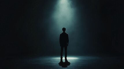 person standing alone in  dark room with divine light concept of mental disorder due to stress and anxiety loneliness 
