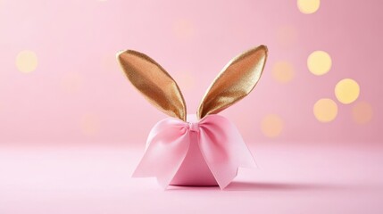 Easter egg in the shape of bunny ears on a pink background with golden bokeh, space for text, banner or Easter greeting