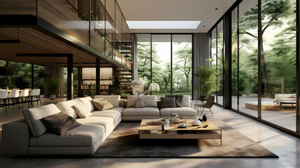 Obraz premium Serene modern living room bathed in sunlight, showcasing a luxurious sectional sofa and expansive glass walls overlooking a lush green landscape.