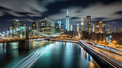 Obraz premium NYC skyline at night, bridges, river, traffic