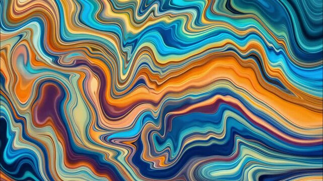 Psychedelic marbled pattern with vibrant swirls of blue, orange and yellow flowing together. 
