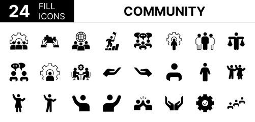 Collection of 24 community fill icons featuring editable strokes. These outline icons depict various modes of community, icon set, people, stroke, handshake, hand, blue, success, workshop, team, 