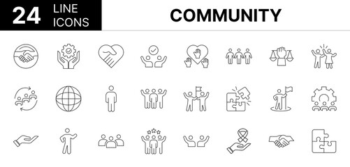 Collection of 24 community line icons featuring editable strokes. These outline icons depict various modes of community, icon set, people, stroke, handshake, hand, blue, success, workshop, team, 
