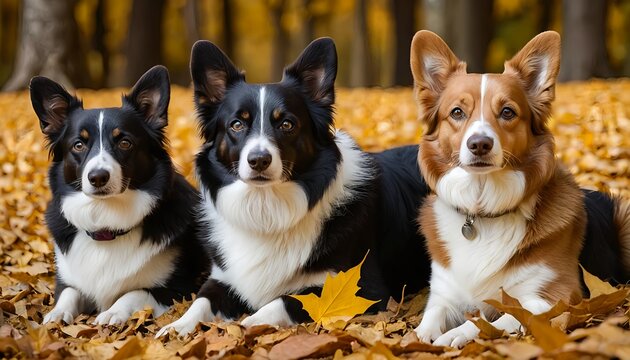 Three Corgi Mix Dogs in Autumn Leaves