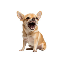 A small, aggressive Chihuahua with its mouth wide open, sharp teeth and a fierce expression.
