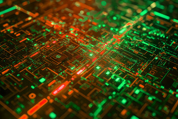 Obraz premium Glowing Circuitry: Abstract Technological Pattern with Neon Lines on Dark Background