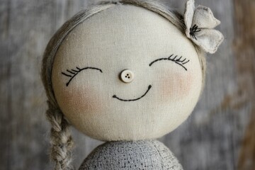 Smiling handmade doll with button eyes and braided hair