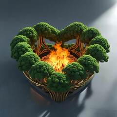 Surreal 3D heart of interwoven green trees, glowing with natural light on a gray background
