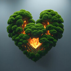 Surreal 3D heart of interwoven green trees, glowing with natural light on a gray background