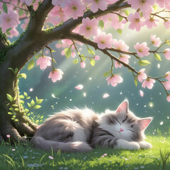 A little cat peacefully sleeping under a blooming, animated cherry tree in a serene setting.
