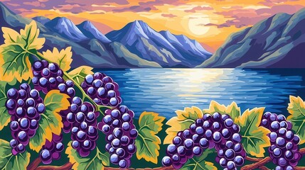Serene Sunset Landscape with Lush Grape Vines and Mountain Lake
