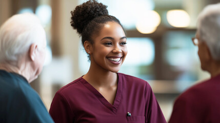 Ausbildung im Pflegeheim - Afrikanische Krankenschwester spricht mit Senioren