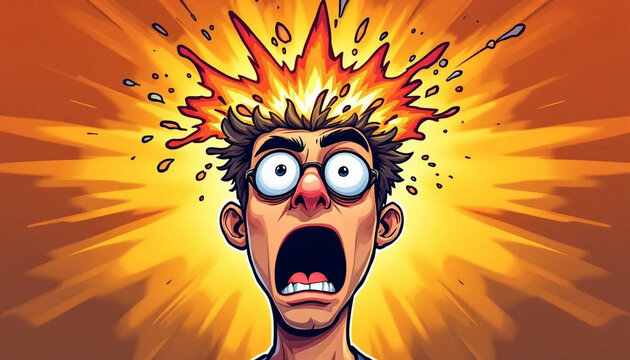 Cartoon Man Head Exploding Fire Comic Art Illustration