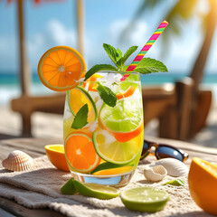 Refreshing summer drink with ice, citrus slices, and mint, perfect for hot sunny days