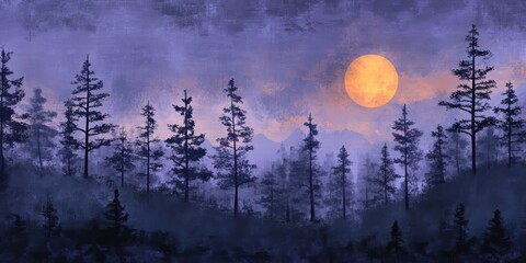Serene Twilight Landscape with Moonlight over Pine Forest