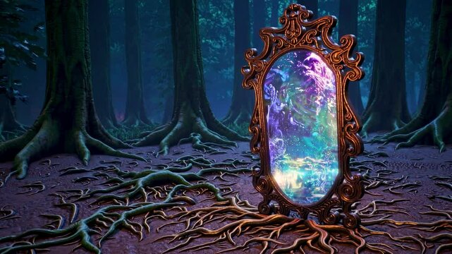 Ornate Magical Mirror Portal with Swirling Cosmic Energy and Colors