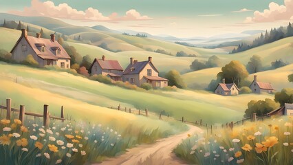 A picturesque painting charming houses nestled amongst rolling green hills wildflowers, under a soft, summer sky.