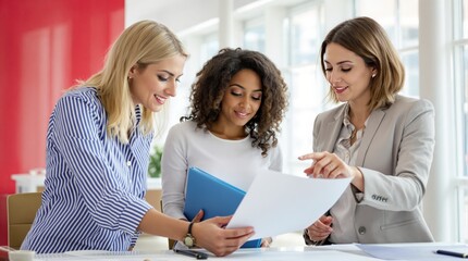 Obraz premium Three professional women reviewing documents in a modern office with a bright background. Business teamwork and collaboration concept. Ai generative