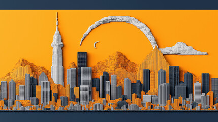 Obraz premium Urban Horizon: A stylized depiction of a vibrant city skyline, featuring iconic skyscrapers and abstract architectural elements set against a warm, gradient background.