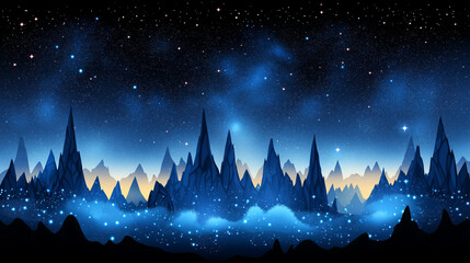 Fototapeta premium Celestial Peaks: A breathtaking digital illustration presents a stunning nightscape where jagged mountain peaks reach toward a vibrant, star-studded sky. Capturing a sense of wonder, mystery.