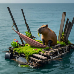 A cozy floating island of debris with a relaxed capybara lounging in a hammock over water.