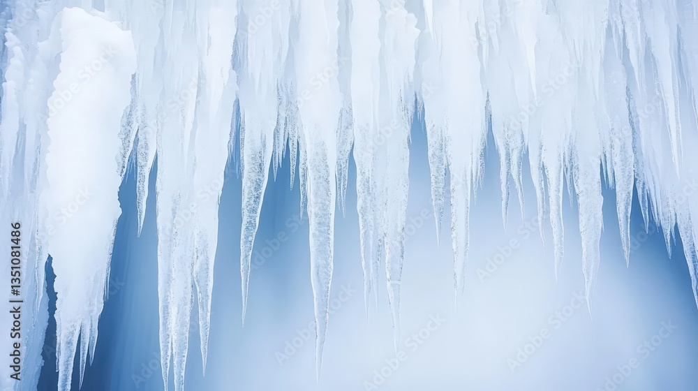Poster a close-up view of icicles hanging from a surface, showcasing their sharp formations against a soft 