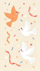 Paper Doves - Colorful birds flying with ribbons and confetti on beige  